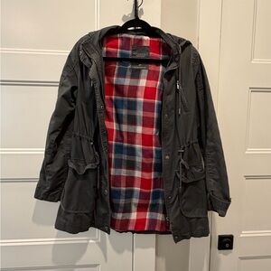Aeropostale Gray Hooded Jacket with Red and Navy Plaid Lining